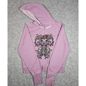 Miken Y2K Roman Numeral Pink Rose Scroll Full Zip Hoodie Size XL READ